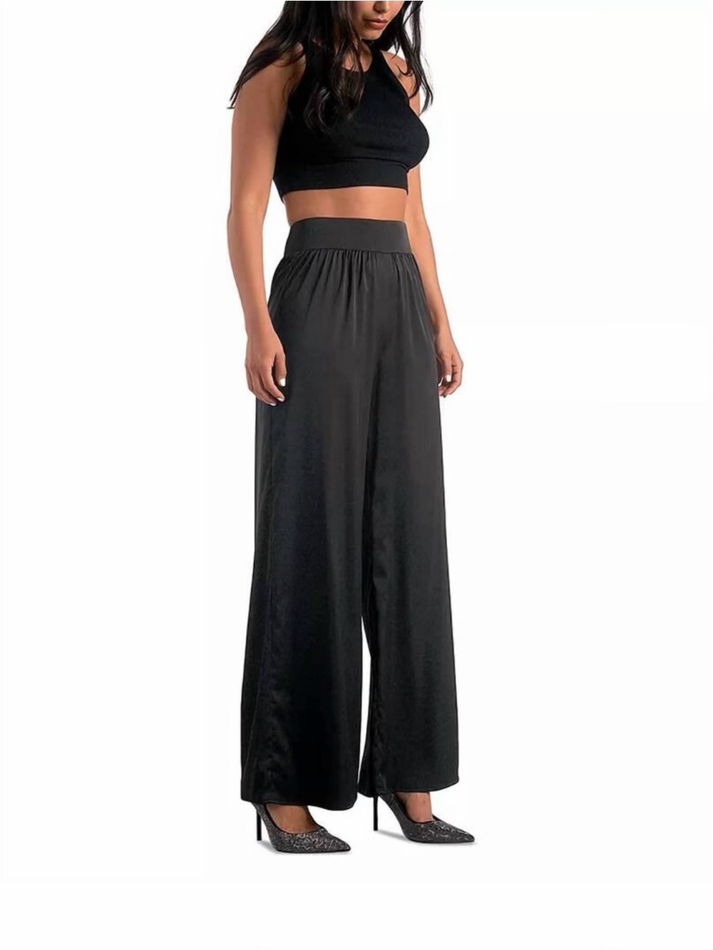 Elan Black Daniella Wide-Leg Satin Palazzo Pants